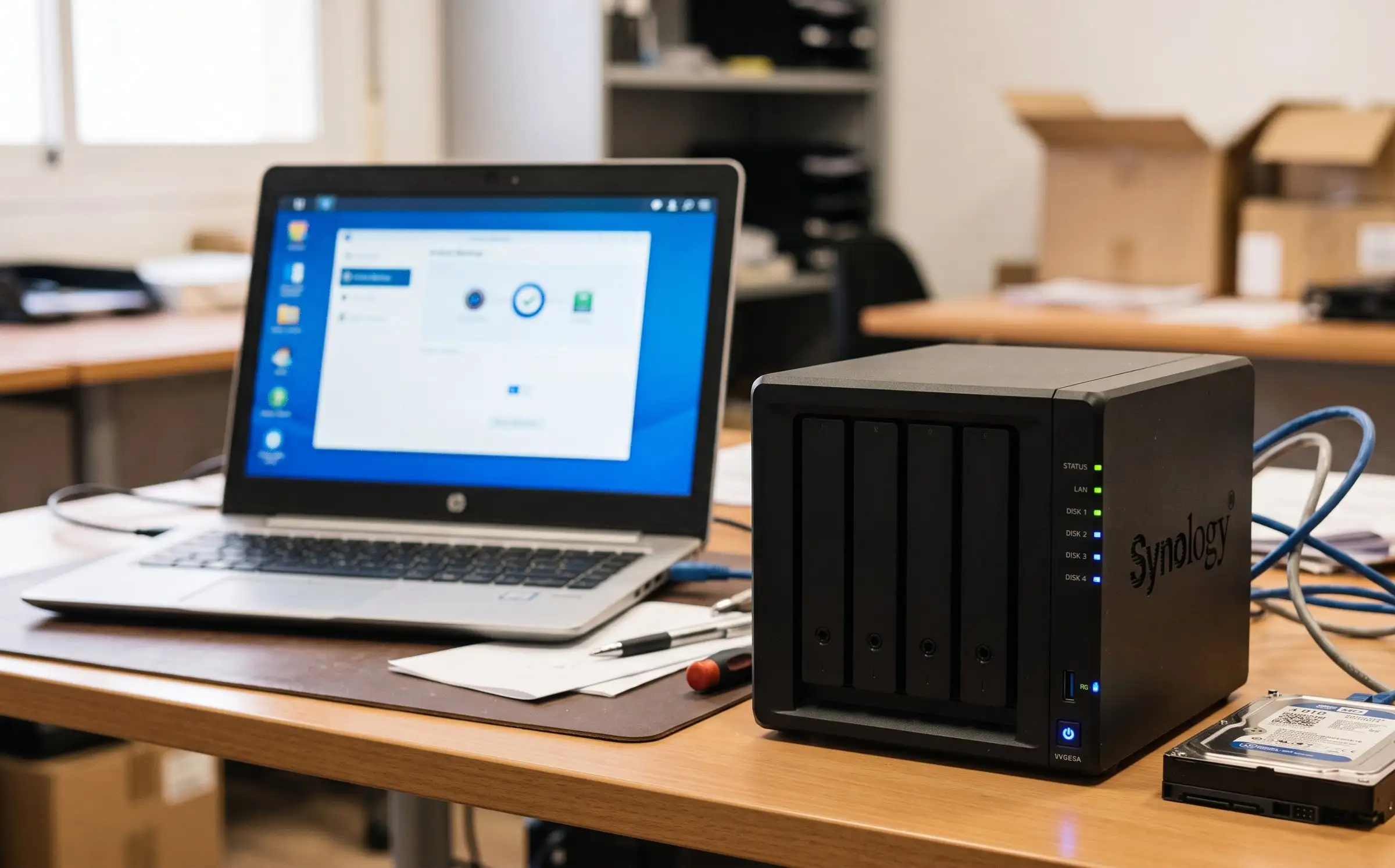 NAS Synology junto a un portátil con el programa de copias de seguridad abierto