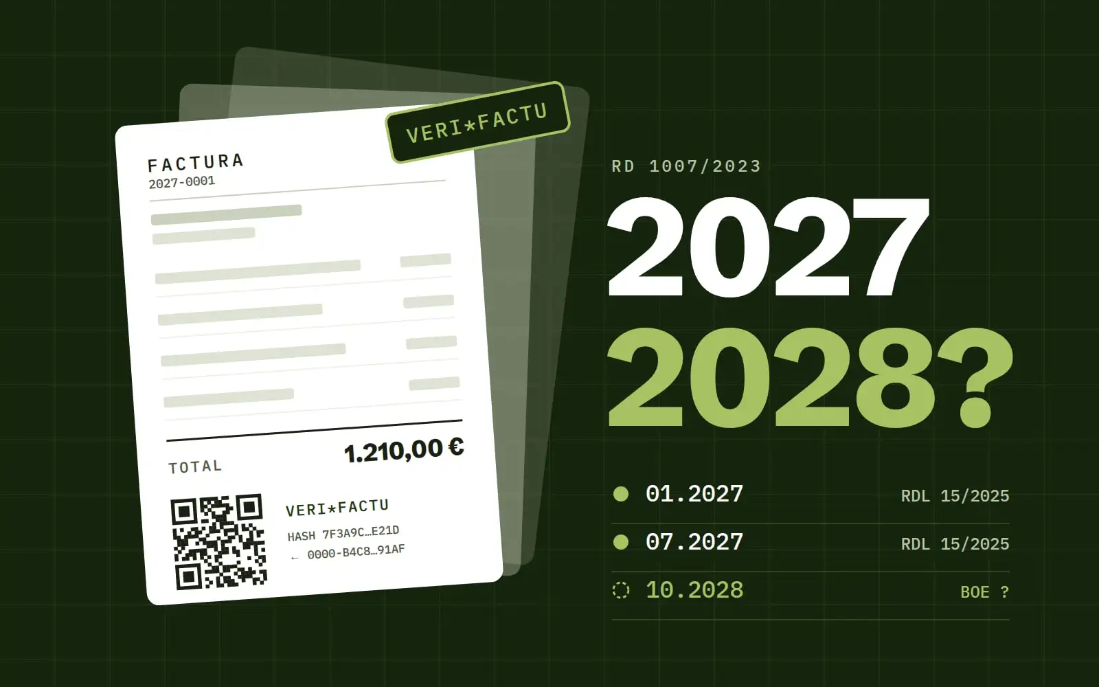 Il·lustració d’una factura amb codi QR i segell Verifactu, al costat de les dates 2027 i 2028